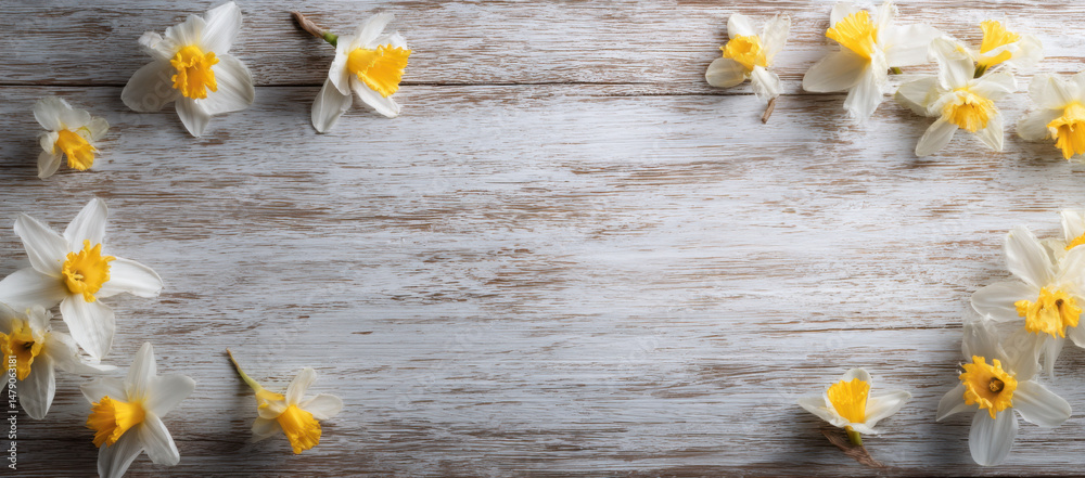 Poster Delicate daffodils arranged on a rustic whitewashed wooden surface, creating a charming spring border with copy space. : Generative AI