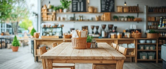 Rustic cafe interior with wooden tables, shelves, and outdoor seating. Soft lighting, inviting atmosphere