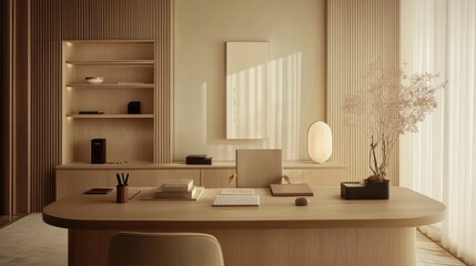 Floating beige storage and wooden work surfaces in a softly lit, calm office space