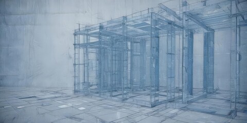Fototapeta premium Architectural blueprint with distressed blue photographic filter, abstract geometric shapes, vector, print, plan