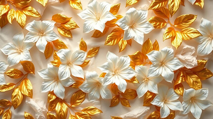 Fototapeta premium White flowers and golden leaves art design