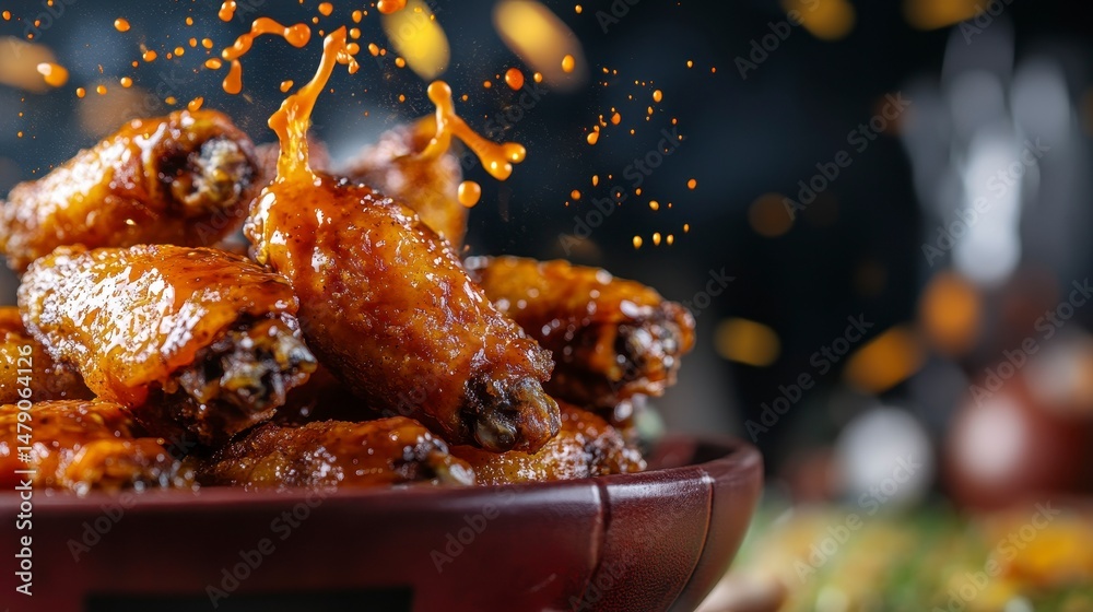 Poster close-up of delicious, glazed chicken wings in a rustic bowl with sauce splashing.
