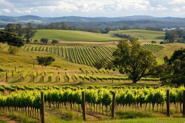 Fototapeta premium Explore the beautiful vineyards of Australia's agricultural landscape during the golden hour, Australia agriculture landscape Vineyards in wine region