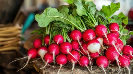 A bunch of bright red radishes with green tops
