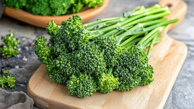 A bunch of fresh broccolini on a cutting board