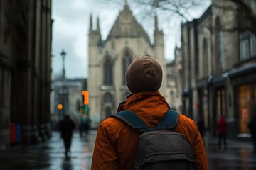 Fototapeta premium Man admires the stunning architecture of Saint Patrick's Cathedral in Dublin on a cloudy day, a man looks at saint patrick's cathedral in Dublin