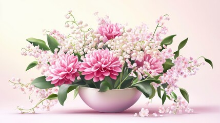 Naklejka premium Elegant pink dahlia and lily of the valley bouquet in a white bowl.