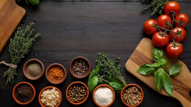 Fresh herbs and spices arranged on a dark wooden table with tomatoes and cutting boards