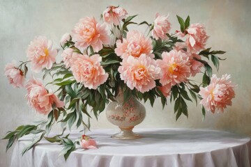 Beautiful pink peonies overflowing an ornate vase, sitting on a table draped with a white tablecloth, creating a serene and elegant still life