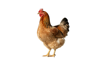 Fototapeta premium Side view of a chicken with brown feathers and red comb walking