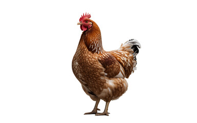 Fototapeta premium Side view of a chicken with brown feathers and red comb walking