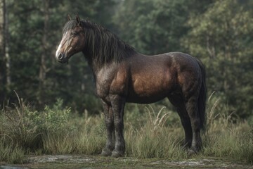 Majestic Horse Gracefully Standing Amidst Lush Tall Grass in a Vibrant Green Field Under a Clear Blue Sky Exuding Tranquility and Natural Beauty