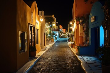 Fototapeta premium Illuminated streets of Santo at night showcasing vibrant Greek island nightlife, Greek island nightlife Illuminated streets of Santorini island Oia town