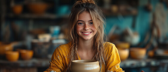 Fototapeta premium a teen ceramic artist shaping a clay pot on a pottery wheel, surrounded by tools and finished works, with a rustic studio setting and space on the right for branding