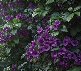Intense purple petals, lush green leaves  Close-up botanical view , background, texture