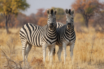 Obraz premium Two burchell's zebras stand side by side in a dry, golden savanna, their stripes sharply defined against the muted background of autumnal trees. : Generative AI