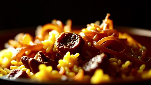 Close-up of a mixed pasta dish featuring farfalle and spirals with rich sauce and meat pieces garnished with herbs