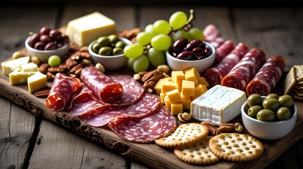 Delicious charcuterie board with assorted meats, cheeses, crackers, olives, nuts, and grapes on rustic wooden surface, perfect for party, entertaining, and gourmet food content

