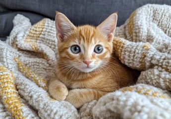 Adorable Ginger Kitten in Cozy Knit Blanket