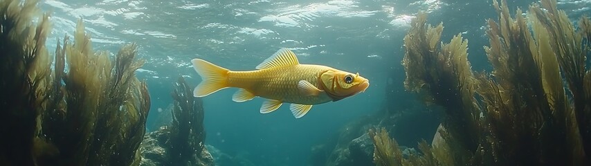 Naklejka premium Golden fish swimming in kelp forest