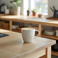 Fototapeta premium White Mug on Wooden Table in Bright Kitchen with Plants