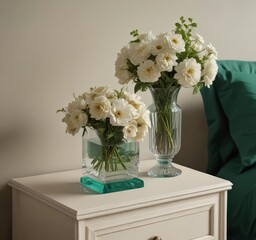 Elegant floral arrangement in glass vase, beige nightstand, emerald green sheets ,  interior design,  beauty,  aesthetic