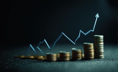 Financial growth illustrated by stacked coins and a rising graph.