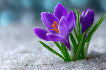 Vibrant purple crocus flowers emerge from melting snow, showcasing delicate petals and bright orange stamens.  A symbol of spring's arrival and renewal. : Generative AI