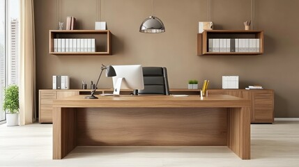 Fototapeta premium Wooden desk with natural texture warms the beige office filled with sleek hanging storage units