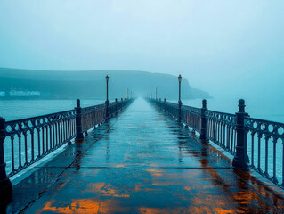 Obraz premium Fog envelops a long, empty pier at dawn, creating a serene atmosphere. Soft hues blend as the mist lingers over the water, inviting quiet reflection and solitude