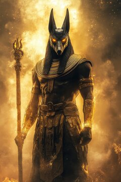 Powerful Anubis Depiction in Fiery Cosmic Backdrop