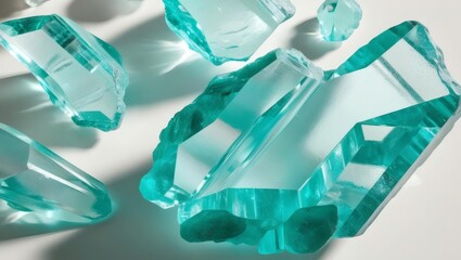 Bright polished teal crystal fragments arranged on white background showing translucent textures and modern decorative mineral beauty