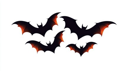Fototapeta premium Spooky bats flying dark silhouette halloween vector. Creepy animal swarm in night horror. Scary mammal group, isolated white background, gothic artwork, festive autumn design, eerie fear symbol.
