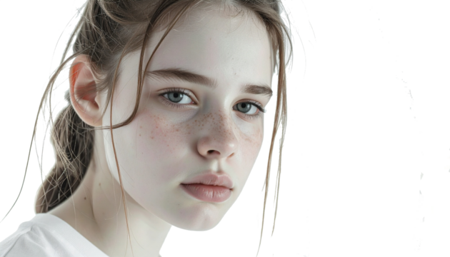 portrait of a sad caucasian teen girl isolated on transparent background