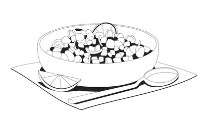 Mexican ceviche shrimps outline illustration. Peruvian seviche. South American dish with seafood. Cebiche prawns. Authentic food 2D line item isolated on white. Monochrome vector ink linear image