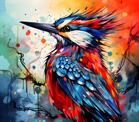 an abstract drawing of a Woodpecker with colorful lines, precisionist lines, light red and indigo, colorful turbulence with mixed pattern colorful background