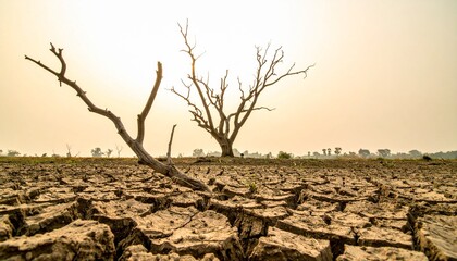 A stark and emotive visual captures a dry, leafless tree standing alone in the center of a parched, cracked field, dramatically conveying the impact of severe drought.