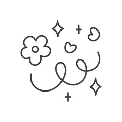 Cute floral illustration. Whimsical design featuring flower, hearts, stars and sparkles. Hand drawn monochrome illustration isolated on a white background. Kawaii sticker. Vector 10 EPS.