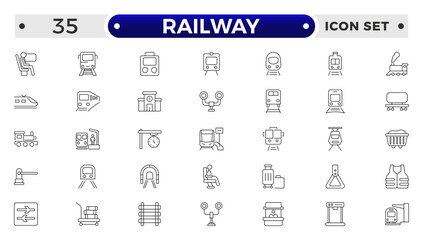 Railway industry outline icons set. Railroad company. Rail transport. Train station. Customizable thin line symbols.