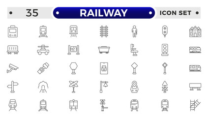 Railway industry outline icons set. Railroad company. Rail transport. Train station. Customizable thin line symbols.