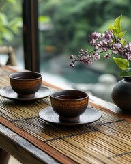 Elegant Japanese tea ceremony accessories with cups and flowers create serene atmosphere