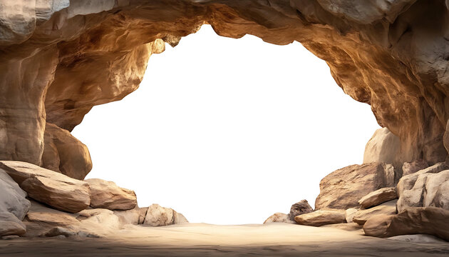 Isolated stone cave entrance with natural rock texture cutout on transparent background