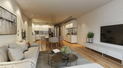 Fototapeta premium Modern living room with open kitchen, white brick wall, light wood floors, and a cozy seating area