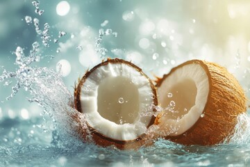 Fresh coconut splashes in crystal clear water, creating a refreshing scene under bright sunlight, Fresh coconut splashing in water, creating refreshing, tropical ambiance