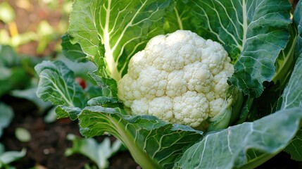 A cauliflower plant growing in a garden