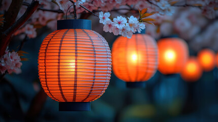 Fototapeta premium Glowing paper lanterns illuminate cherry blossoms in serene setting