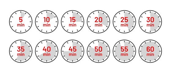 Naklejka premium Cooking indicators in flat design. Timer icons. Stopwatches in circle shape. Round clocks with different minutes. Chronometer deadline symbols isolated. Countdown timer set. Vector illustration.