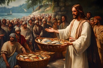 Jesus feeds five thousand with five loaves and two fish. (Matthew 14:19)