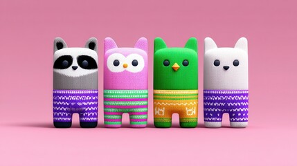 Cute animals dressed in colorful sweaters having fun against a vibrant pink backdrop. Wrong Trousers Day