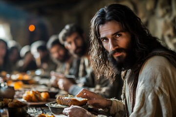 Jesus institutes the Lord's Supper, sharing bread as His body. (Matthew 26:26)